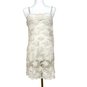 Vintage Y2K 90s Slip Dress Sz S Lace Sheer Fairy Coquette Cream Layering Mini